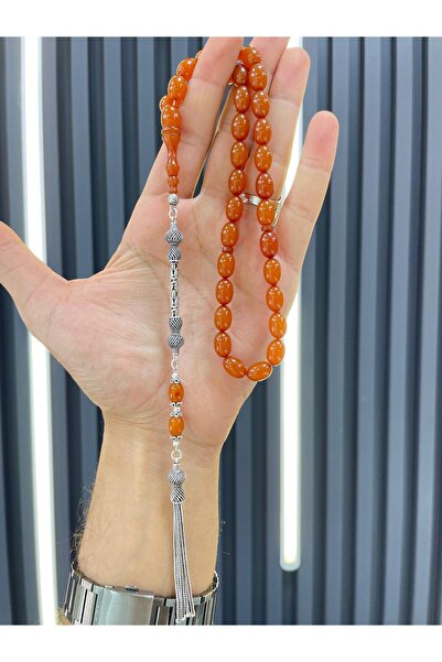 AHMET SİLVER 925 Ayar Gümüş püsküllü Orjinal Ateş Kehribar Tesbih