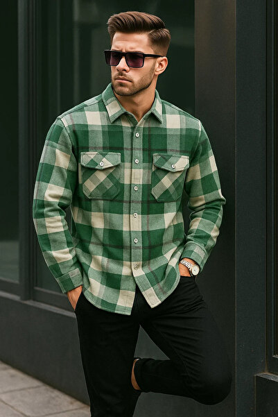 COMBİNE MİCHAİL Мъжка дебела зелена риза в голям размер