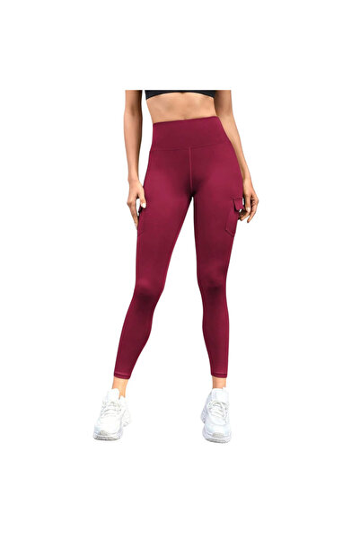 OEM High Waisted Multi-Pocket Sports Leggings, Red -L