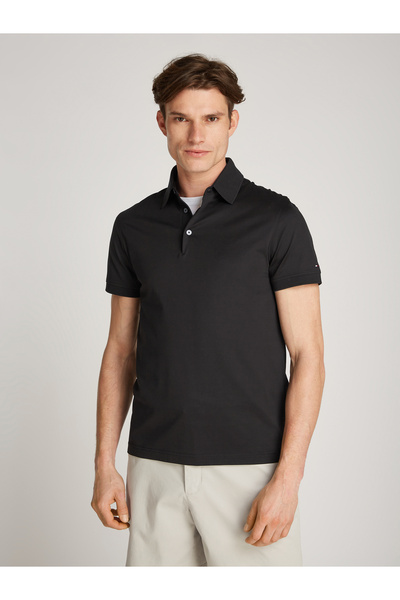 Tommy Hilfiger Men Black Short Sleeve Logo Embroidered Slim Fit Polo T-Shirt