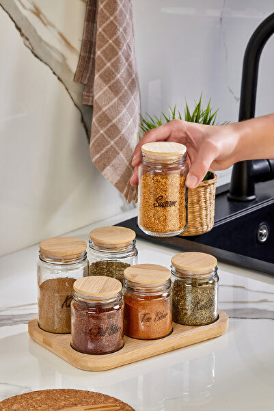 Akkoyunlu home طقم أوعية توابل زجاجية مدرجة مع حامل خشبي، مجموعة أوعية توابل ...