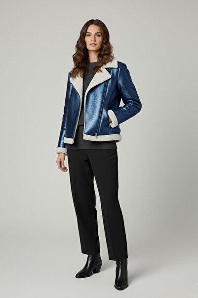 Deriderim Violet Saks Blue Zippered Biker Women's Genuine Fur Coat