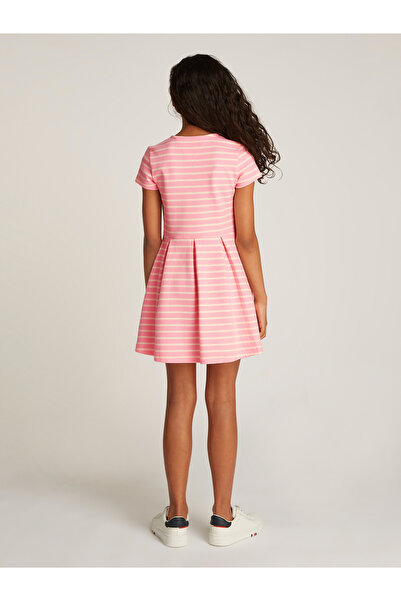 Tommy Hilfiger Girls Pink Sugar Calico Stripe Short Sleeve Stripe Flare Skater Dress