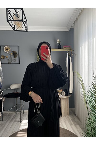 byalisdmr قصة فضفاضة بدلة مكونة من قطعتين بليسيه طويلة - أسود