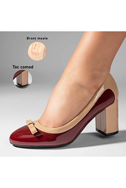 Modlet.ro Women's glossy beige and burgundy block heel shoes MOD10986
