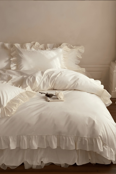 GÖRMEZ TEKSTİL Double Organic Cotton Duvet Cover Set Ruffled Ecru