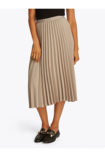 Tommy Hilfiger Women Beige Logo Waistband Fluid Pleated Midi A-Line Skirt