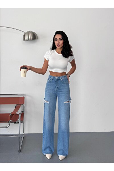 XBELLA DENİM Blugi largi de culoare albastru mediu pentru femei, pantaloni din denim cu talie înaltă, cu laser pe laterale