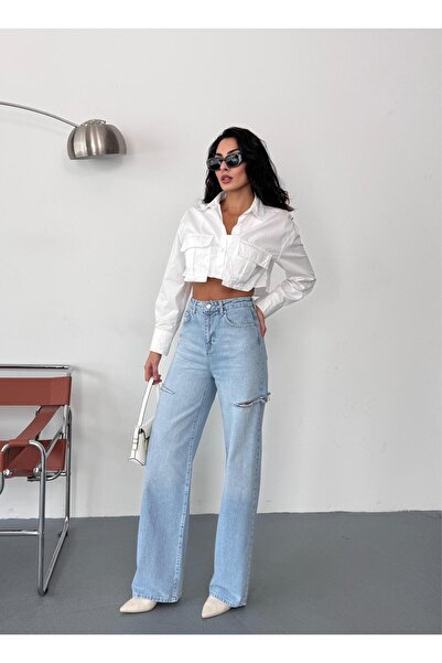 XBELLA DENİM Жіночі середньо-сині баггі джинси з високою талією, джинсові штани з лазерною обробкою з боків