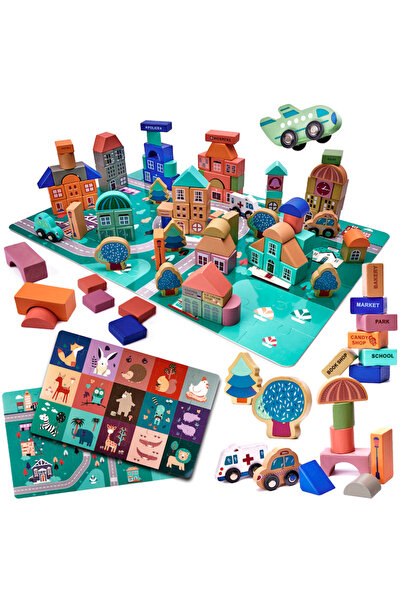 Glow Goods My Colorful City Children's Building Set, Colorful Wooden Cubes, 181 Elements, 58