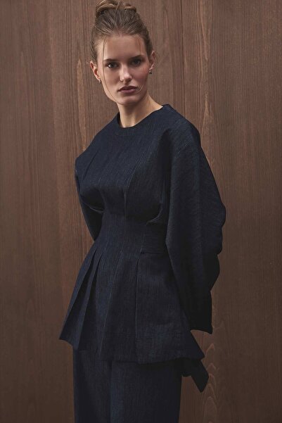 Hooopstore Pile Detaylı Denim Lacivert Bluz