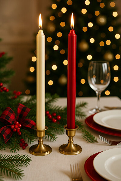 hediyeofisi Metalik Yılbaşı Şamdan Mumu 2li Set – Kırmızı ve Gümüş Renkli Dek...