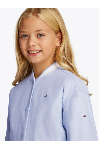 Tommy Hilfiger Girls Breezy Blue Cotton Relaxed Back Logo Varsity Jacket