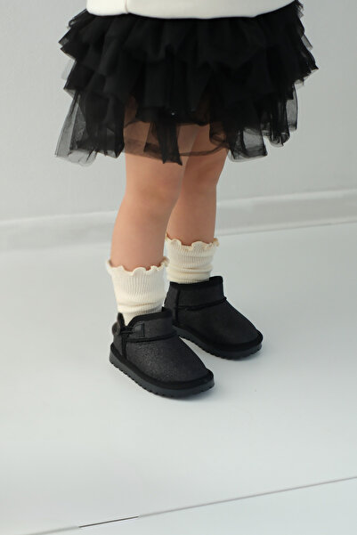 Mumenim Aurora Kız Çocuk ve Bebek Simli Siyah Bot - Ortopedik Kaymaz Taban Sıcak Tutan Rahat Kışlık Kar Botu