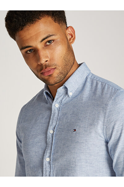 Tommy Hilfiger Men Shirt Blue Long Sleeve Brushed Linen Regular Fit Shirt