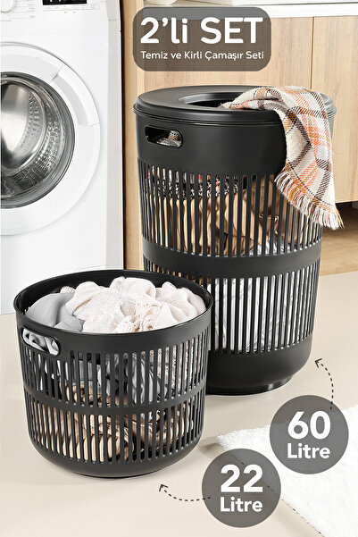 Meleni Home 2'li Solara Çamaşır Sepeti Seti - 60 Lt Kapak Detaylı Kirli Sepeti, 22 Lt Çamaşır Sepeti Siyah