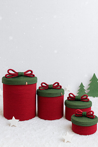 MaVaux Різдвяний набір з 4 декоративних подарункових кошиків з джутовим шнуром – червоно-зелений різдвяний кошик