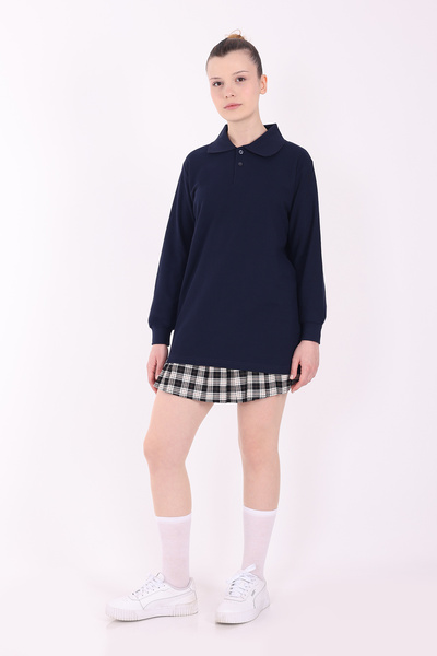 Re&Gi Rekor Σχολικό μπλουζάκι με λαιμόκοψη πόλο για ενήλικες, βασικό μακρυμάνικο μπλουζάκι σχολικό 100% βαμβάκι S-2XL Navy Blue