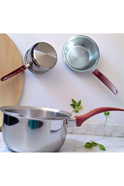 ÇEÇEN HOME 2 No. Stainless Steel Medium Size Milk Pot Coffee Pot with Red Handle (15X8 cm)