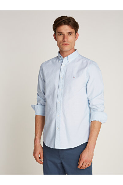Tommy Hilfiger Men Breezy Blue Long Sleeve Oxford Dobby Regular Fit Shirt