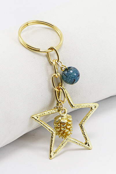 biuti Breloc cu piatră naturală de agat, cu inel auriu, stea și con de brad, ...