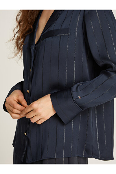 Tommy Hilfiger Women Lurex Navy Long Sleeve Fluid Metallic Striped Shirt