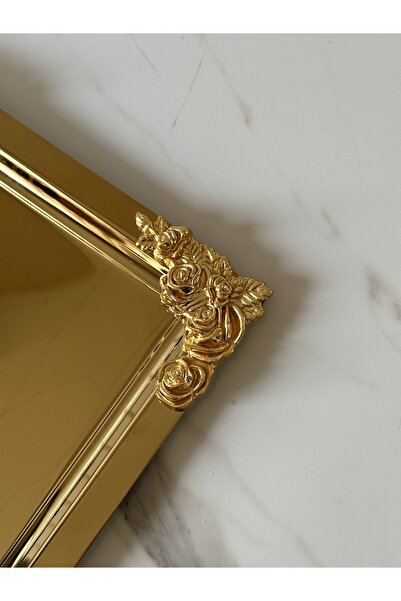 Melinda PASLANMAZ KARE GOLD KAPLAMA GOLD KULPLU SERVİS SUNUM TEPSİSİ 1 ADET (21x21)