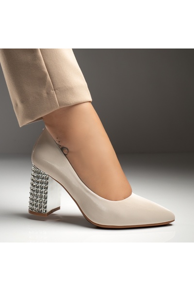 Modlet.ro Women's beige block-heeled shoes with stone applications MOD12031