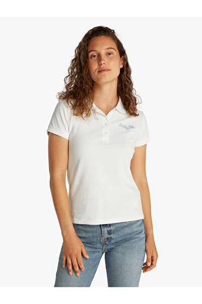 Tommy Hilfiger Women Ecru Short Sleeve Slim Fit Script Polo T-Shirt