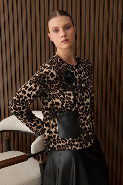 MÜSEMMA Leather Suit with Hand-Embroidered Accessories, Button-Closure Front Body with Pockets, Elastic Waist Leather Skirt