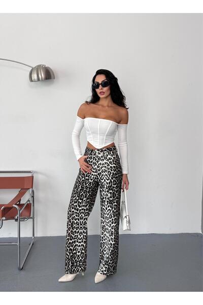 XBELLA DENİM Women's Coffee-White Leopard Print Wide-Leg High-Waisted Jeans Denim Fabric