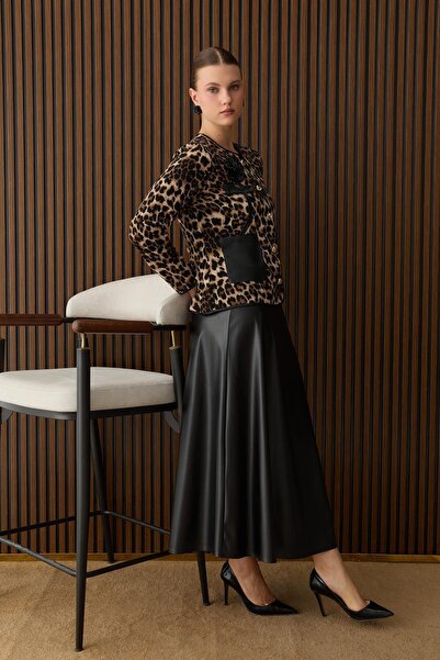 MÜSEMMA Leather Suit with Hand-Embroidered Accessories, Button-Closure Front Body with Pockets, Elastic Waist Leather Skirt