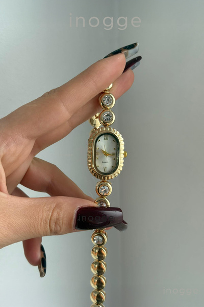 İnogge ساعة يد نسائية من ميس موديل بحجر كريستال دائري ذهبي عتيق