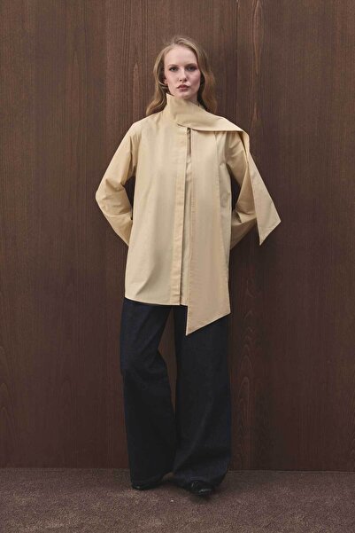 Hooopstore Premium Detachable Tie Detail Poplin Butter Yellow Shirt