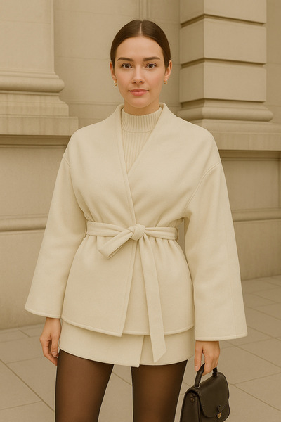 elbisenvarmı Kuşaklı Kaşe Hırka Minimal Kimono Model