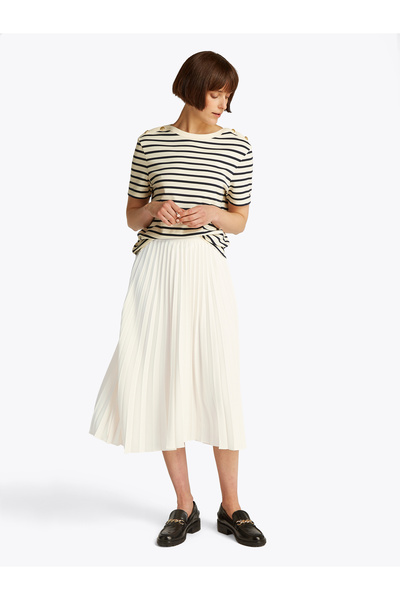 Tommy Hilfiger Women Ivory Petal Logo Waistband Fluid Pleated Midi A-Line Skirt