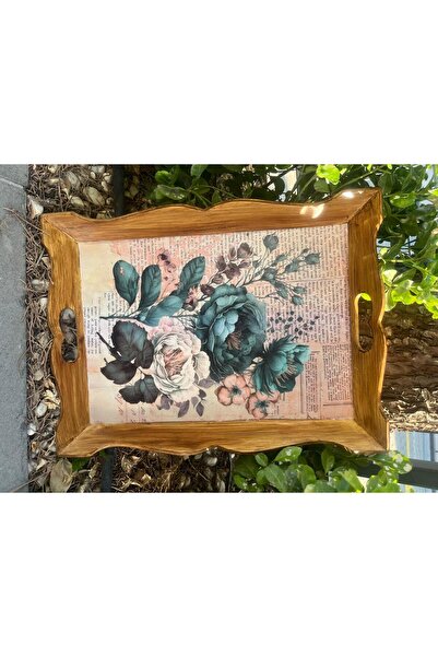 DERYA DESİNG ART Flower Patterned Hand Painted Wooden Tea-Coffee Tray, Presentation Tray 41X30Cm
