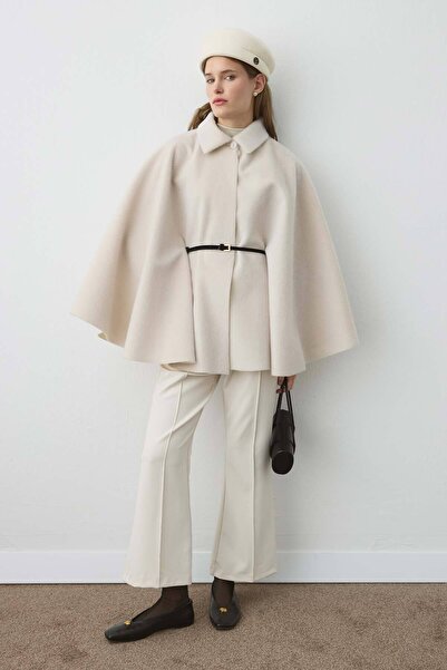 Hooopstore Süet Kemer Detaylı Pelerin Taş Kaban