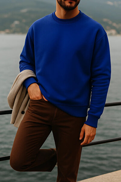 COMBİNE MİCHAİL Pulover albastru casual pentru bărbați, cu gâtul rotund, gros