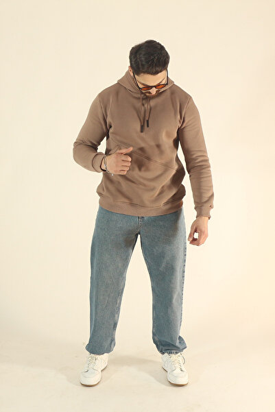 EydaMoon Ανδρικό χειμωνιάτικο φούτερ με μαλακή υφή με φλις εσωτερικά - Καφέ κανονικό με κουκούλα με τσέπες στο πλάι