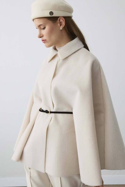 Hooopstore Süet Kemer Detaylı Pelerin Taş Kaban