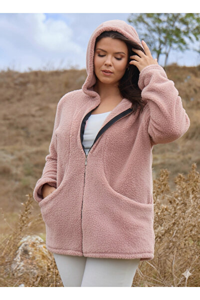 ModaSehle Women's Large Size Long Sleeve Pocket Hooded Zippered Plush Cardigan Jacket