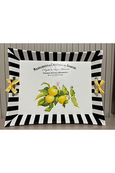 DERYA DESİNG ART Lemon Patterned Hand Painted Black and White Wooden Tea-Coffee Tray, Presentation Tray 39X31Cm