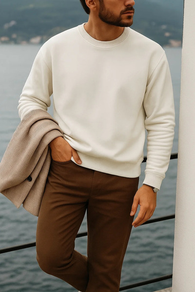 COMBİNE MİCHAİL سترة بيضاء فضفاضة للرجال بياقة دائرية سميكة