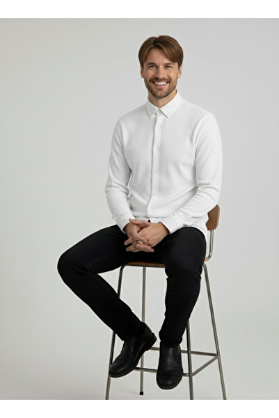 YXC Trend Maker Ανδρικό πουκάμισο με ρυτιδωτό ύφασμα με υφή μακρυμάνικο λευκό ανδρικό πουκάμισο με λεπτή εφαρμογή