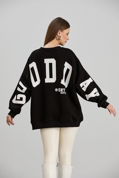 Sortie Hanorac negru pentru femei guler rotund Good Day cu imprimeu Three Thr...