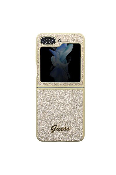 Guess Carcasă pentru Samsung Z Flip5 aurie (PU/TPU, sclipici)