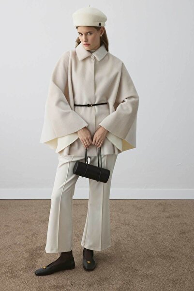 Hooopstore Süet Kemer Detaylı Pelerin Taş Kaban