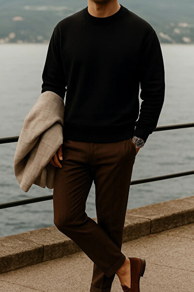 COMBİNE MİCHAİL Мъжки дебел велосипеден пуловер с широка яка, черен