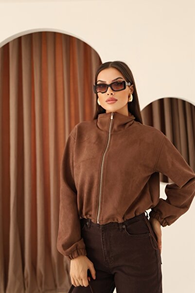 MOVİMENT سترة نسائية من جلد الغزال البني بياقة قائمة وتفاصيل سحاب وحافة سفلية